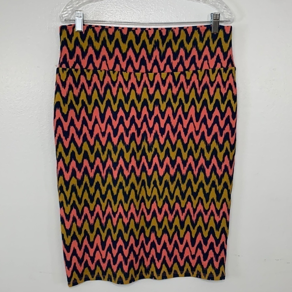 Lularoe Mustard Pink Navy Wavy Chevron Print Cassie Pencil Skirt Size L